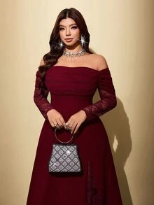 Viva Relle Plus Size Women's Lace Patchwork Cowl Neck Cowl Neck A-Line Long Romantic Dress, Suitable For Prom, Date, Banquet, Wedding And Other Occasions - Burgundy - View 2