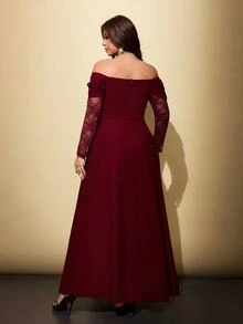 Viva Relle Plus Size Women's Lace Patchwork Cowl Neck Cowl Neck A-Line Long Romantic Dress, Suitable For Prom, Date, Banquet, Wedding And Other Occasions - Burgundy - View 6