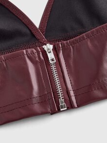 SHEIN ICON PU Leather Cropped Suspender Burgundy Slim Top - Burgundy - View 4