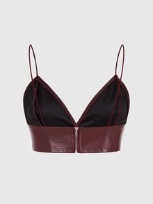 SHEIN ICON PU Leather Cropped Suspender Burgundy Slim Top - Burgundy - View 2