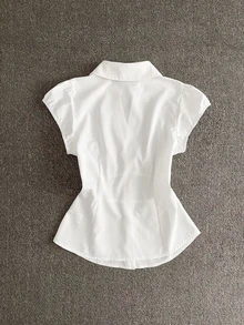 IslaSuriya Women's Solid Color Covered Sleeve Front Button Minimalist Design Summer Casual Shirt - White - View 3