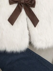 SHEIN 青少年女孩秋冬加厚極簡長毛絨人造毛 PU 配色蝴蝶結裝飾開襟外套，適合派對、街頭、聚會 - 白色 - 查看 8
