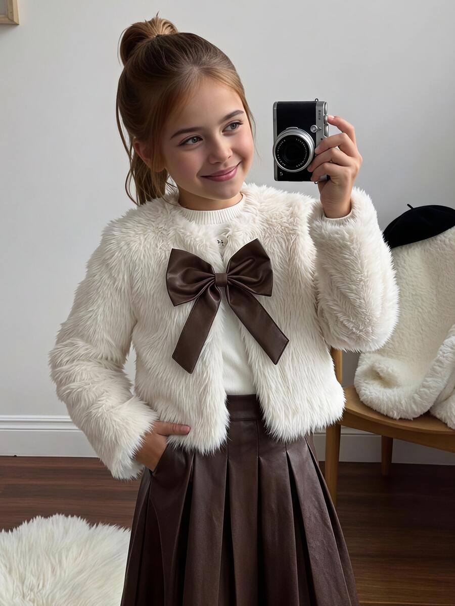 SHEIN 青少年女孩秋冬加厚極簡長毛絨人造毛 PU 配色蝴蝶結裝飾開襟外套,適合派對、街頭、聚會 - 白色 - 查看 1