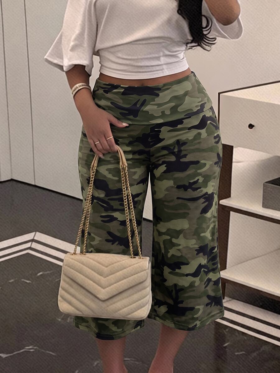 SHEIN SXY 大尺碼迷彩印花寬腿長褲