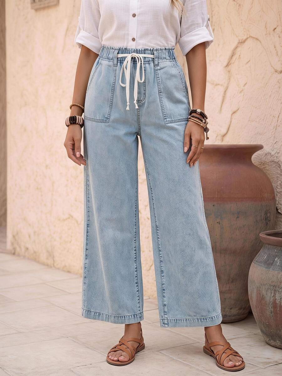 EMERY ROSE Vacation Casual Washed Drawstring Wide Leg Jeans - Blue - View 1