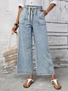 EMERY ROSE Vacation Casual Washed Drawstring Wide Leg Jeans - Blue - View 4