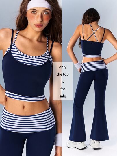 VARSIVA Women's Patchwork Striped Faux Two-Piece Sports Athleisure Athletic Camisole Tank Top Gym Workout Navy Blue And White Summer