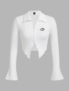 SHEIN ICON 女式金属字母装饰长袖开衩休闲 T 恤，春秋季 - 白色 - 查看 1