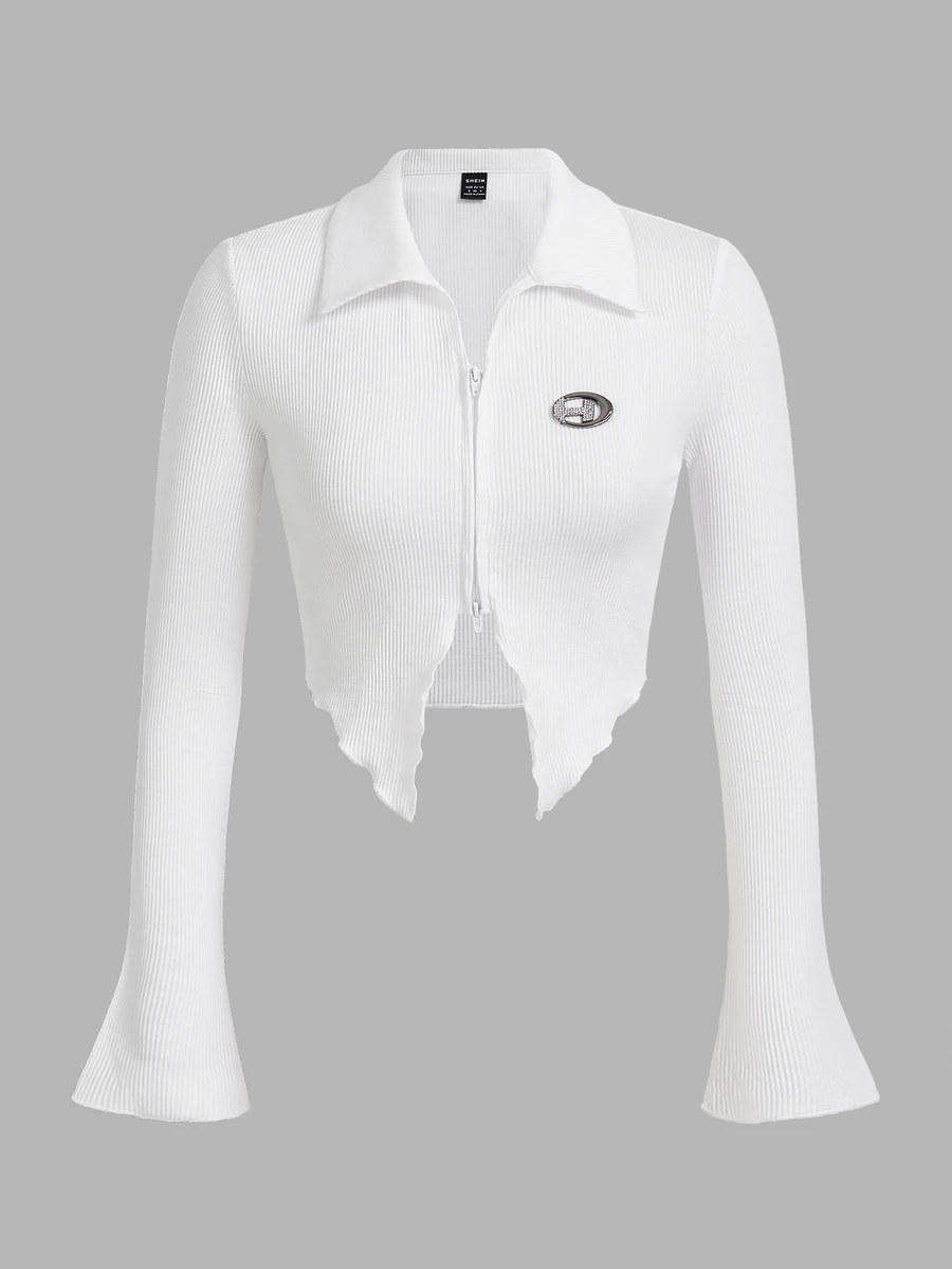 SHEIN ICON 女式金属字母装饰长袖开衩休闲 T 恤,春秋季 - 白色 - 查看 1