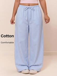 CovetEZ Comfortable Cotton Blend White Casual Drawstring Plus Size Long Pants Vacation Office Autumn Fall - Blue - View 4