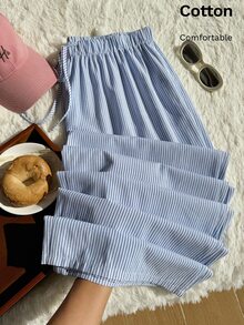 CovetEZ Comfortable Cotton Blend White Casual Drawstring Plus Size Long Pants Vacation Office Autumn Fall - Blue - View 2