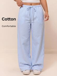 CovetEZ Comfortable Cotton Blend White Casual Drawstring Plus Size Long Pants Vacation Office Autumn Fall - Blue - View 1