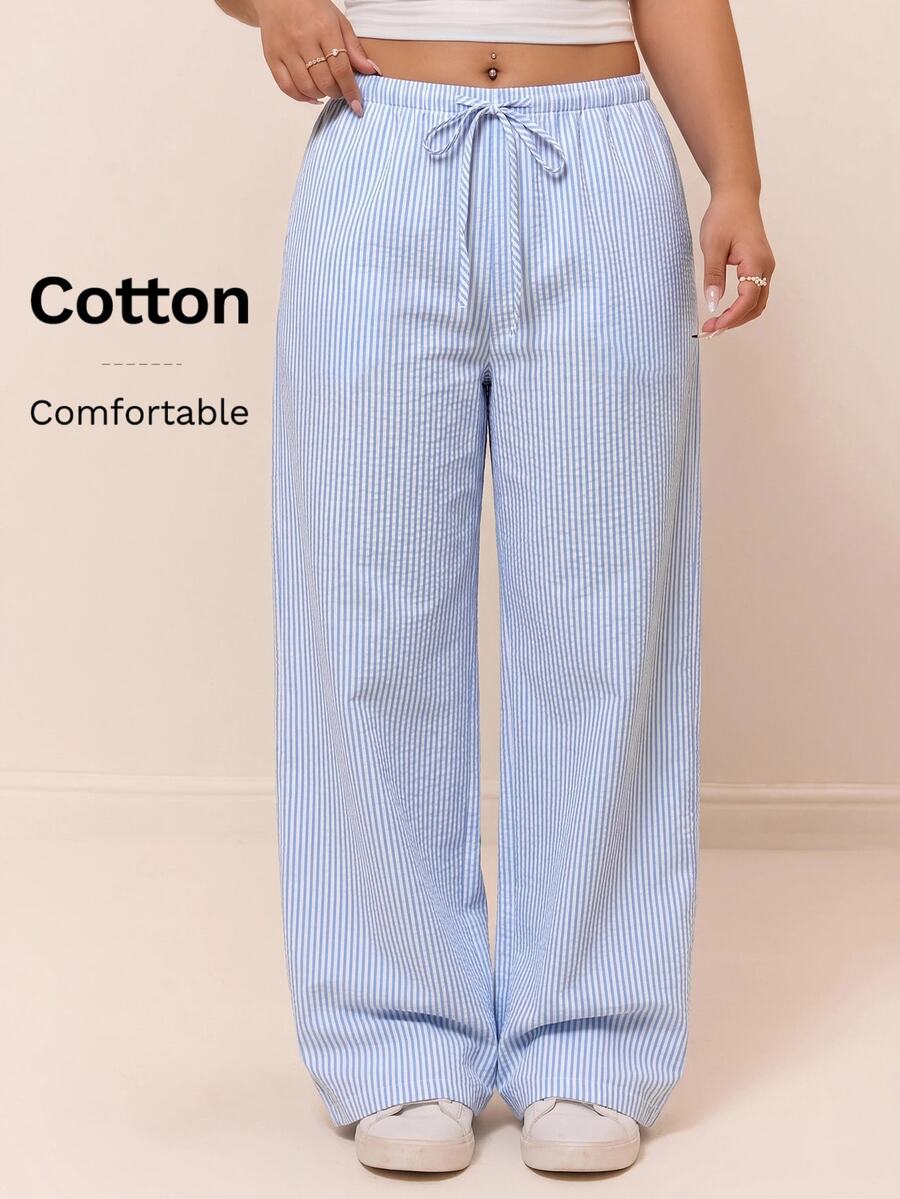 CovetEZ Comfortable Cotton Blend White Casual Drawstring Plus Size Long Pants Vacation Office Autumn Fall - Blue - View 1