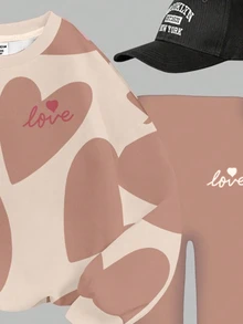 Sweet Oatmeal Color Set, Abstract Geometric Heart Pattern Print, Tween Girl Casual Comfortable Soft Warm Crew Neck Long Sleeve Sweatshirt & Leggings, Suitable For Autumn/Winter Daily Wear, Maillard Color Palette, Holiday, Cozy Season - Multicolor - View 4