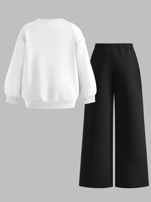 Young Girl Casual Daily Kids Fashion Printed Round Neck White Sweatshirt Autumn Top And Black Sweatpants Set - Black and White - View 6