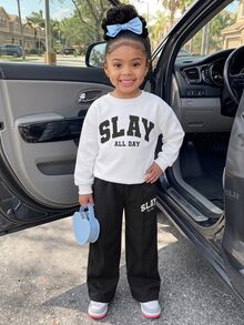 Young Girl Casual Daily Kids Fashion Printed Round Neck White Sweatshirt Autumn Top And Black Sweatpants Set - Black and White - View 7