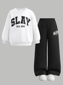 Young Girl Casual Daily Kids Fashion Printed Round Neck White Sweatshirt Autumn Top And Black Sweatpants Set - Black and White - View 5