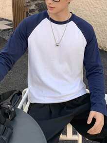 SHEIN 青少年男孩休閒長袖T恤，運動街頭龐克搖滾學院風，適合日常穿著、外出、派對、音樂節，四季皆宜 - 藏蓝色 - 查看 1