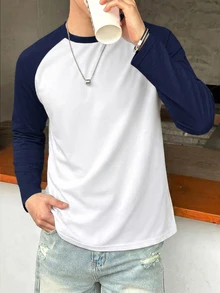 SHEIN 青少年男孩休閒長袖T恤，運動街頭龐克搖滾學院風，適合日常穿著、外出、派對、音樂節，四季皆宜 - 藏蓝色 - 查看 4