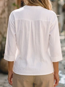 EMERY ROSE CURVE Plus Size Women's Fashion Casual Loose Comfortable Everyday All-Match Versatile White Stand Collar V-Neck 3/4 Sleeve Textured Cotton Linen Shirt Top - White - View 2