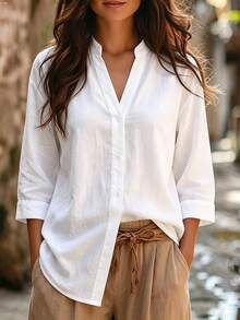 EMERY ROSE CURVE Plus Size Women's Fashion Casual Loose Comfortable Everyday All-Match Versatile White Stand Collar V-Neck 3/4 Sleeve Textured Cotton Linen Shirt Top - White - View 3