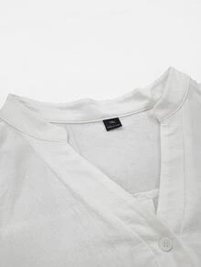 EMERY ROSE CURVE Plus Size Women's Fashion Casual Loose Comfortable Everyday All-Match Versatile White Stand Collar V-Neck 3/4 Sleeve Textured Cotton Linen Shirt Top - White - View 7