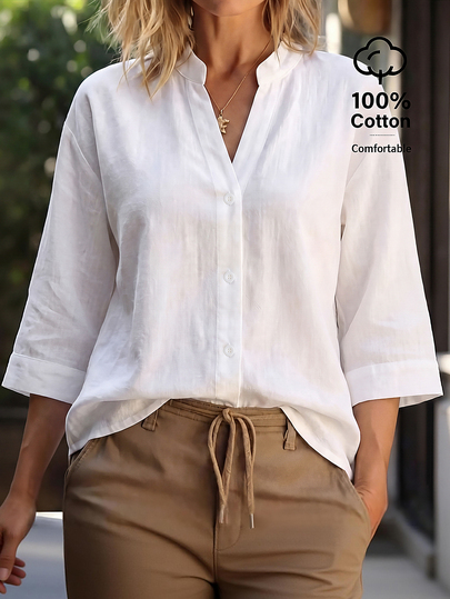 EMERY ROSE CURVE Camisa de mujer talla grande, moda casual, holgada, cómoda, versátil para uso diario, color blanco, cuello alto con escote en V, manga 3/4, de algodón y lino texturizado