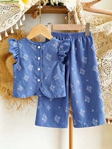 SHEIN Vintaside Kids 女嬰藍白配色夏季優雅可愛端莊度假休閒2件套韓風花卉印花無袖圓領上衣休閒長褲沙灘裝 - 藍色 - 查看 3