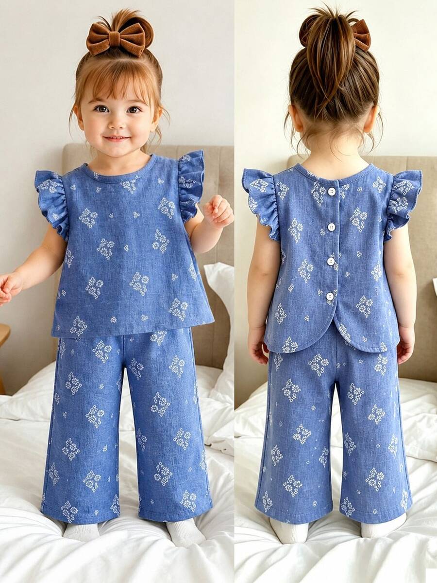 SHEIN Vintaside Kids 女嬰藍白配色夏季優雅可愛端莊度假休閒2件套韓風花卉印花無袖圓領上衣休閒長褲沙灘裝