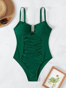Costavie 2026 Spring/Summer Women's Thick Strap Adjustable Metal U-Shaped Decor Dark Green Elegant Slim Fit Waist Ruched One-Piece Bikini Swimsuit - Dark Green - View 3