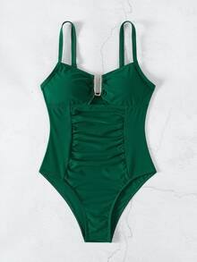Costavie 2026 Spring/Summer Women's Thick Strap Adjustable Metal U-Shaped Decor Dark Green Elegant Slim Fit Waist Ruched One-Piece Bikini Swimsuit - Dark Green - View 2