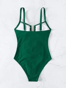 Costavie 2026 Spring/Summer Women's Thick Strap Adjustable Metal U-Shaped Decor Dark Green Elegant Slim Fit Waist Ruched One-Piece Bikini Swimsuit - Dark Green - View 6