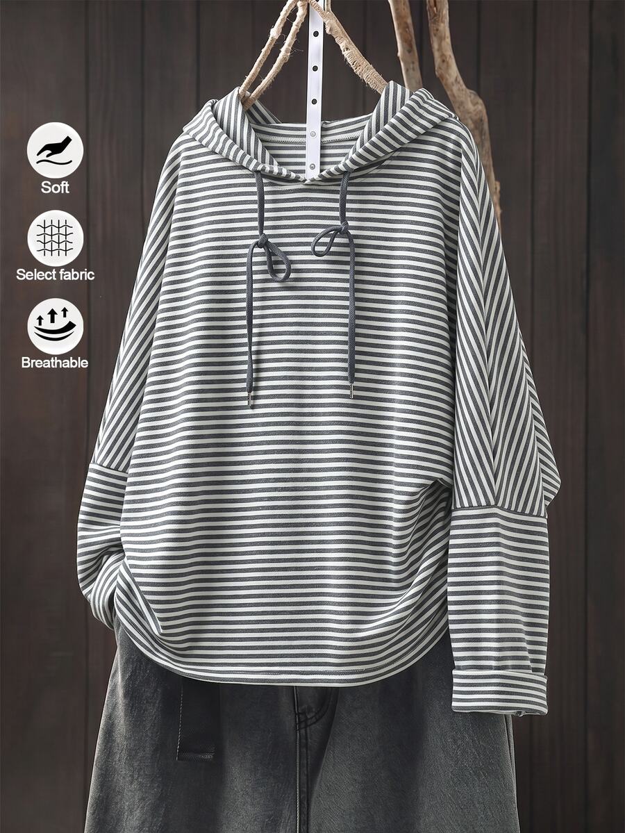 Linhara Plus Size Women's Autumn Striped Crew Neck Long Sleeve Comfortable Casual Pullover Sweatshirt Pullover Fall - Multicolor - View 1