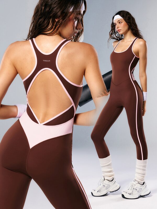 VARSIVA Women's Colorblock Back Cutout Sleeveless Sports Jumpsuit Gym Brown And Pink Summer Sporty Athleisure