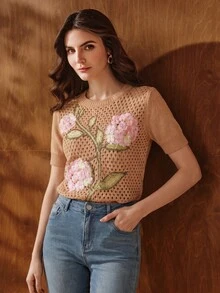 Anewsta Women's Floral Pattern Casual Daily Wear Knitted Top - Apricot - View 5