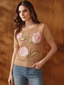 Anewsta Women's Floral Pattern Casual Daily Wear Knitted Top - Apricot - View 7