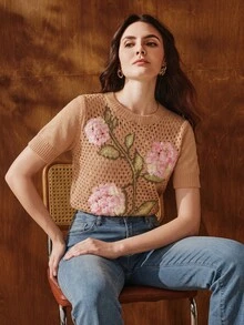 Anewsta Women's Floral Pattern Casual Daily Wear Knitted Top - Apricot - View 2
