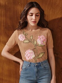 Anewsta Women's Floral Pattern Casual Daily Wear Knitted Top - Apricot - View 4