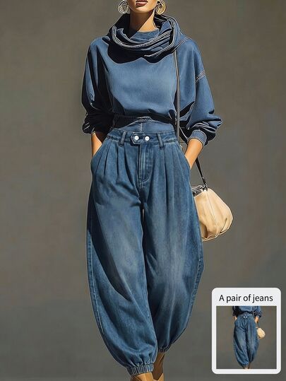 Balvessa Celana Jeans Denim Wanita Kasual Serbaguna untuk Perjalanan Sehari-hari dengan Saku, Kancing, dan Lipatan