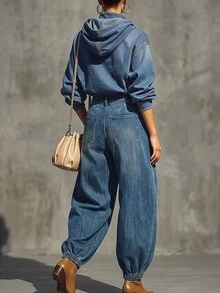 Balvessa Women's Casual Versatile Daily Travel Denim Jeans With Pockets, Buttons And Pleats - Blue - View 2