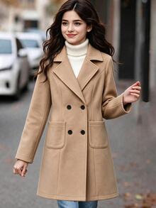 SHEIN Teen Girl Fleece Fall Clothes Fall Solid Color Double-Breasted Long Sleeve Casual Overcoat, Holiday Outfits, Winter - Khaki - View 4
