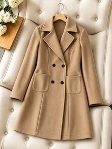 SHEIN Teen Girl Fleece Fall Clothes Fall Solid Color Double-Breasted Long Sleeve Casual Overcoat, Holiday Outfits, Winter - Khaki - View 8