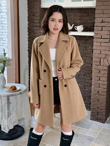 SHEIN Teen Girl Fleece Fall Clothes Fall Solid Color Double-Breasted Long Sleeve Casual Overcoat, Holiday Outfits, Winter - Khaki - View 3