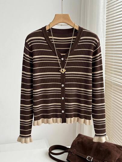SHEIN LUNE Plus Size Striped Frill Trim Single-Breasted Long Sleeve Knit Cardigan Winter