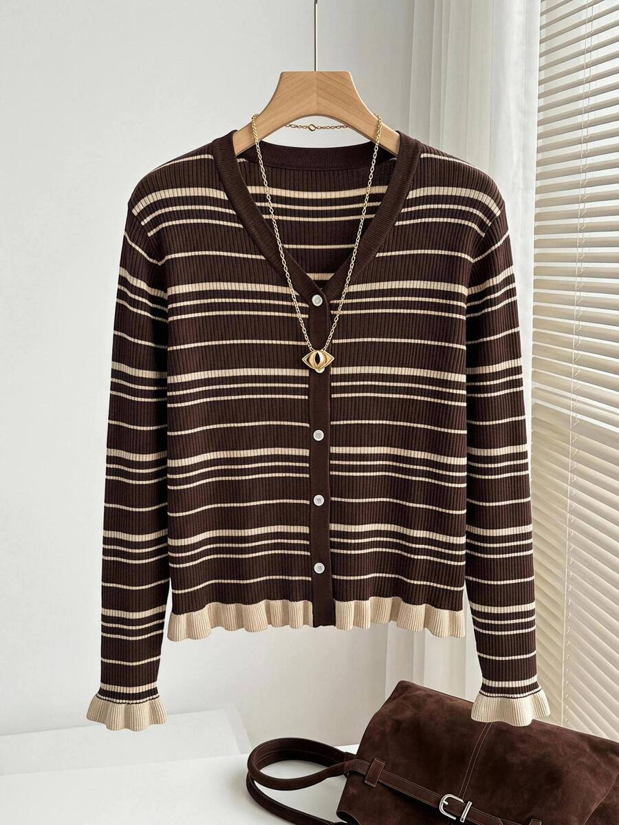SHEIN LUNE Cardigan Rajut Lengan Panjang Bergaris dengan Hiasan Rumbai Ukuran Besar untuk Musim Dingin - Coklat - View 1