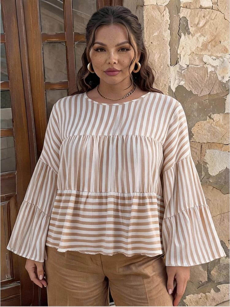 CosyJoli Plus Size Casual Round Neck Doll Style Cake A-Line Loose Fit Blouse Casual Daily Going Out Blouse For Women Fall/Winter Casual Going Out Blouse Women - Multicolor - View 5