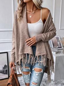 EMERY ROSE Women Fringe Trim Draped Collar Wrap Cardigan Asymmetrical Long Sleeve Sweater,Khaki Casual Autumn Date Elegant Fall Winter Clothes - Khaki - View 6