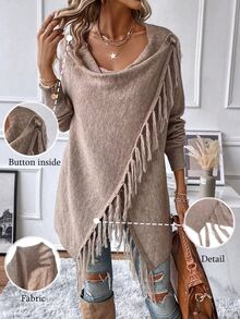 EMERY ROSE Women Fringe Trim Draped Collar Wrap Cardigan Asymmetrical Long Sleeve Sweater,Khaki Casual Autumn Date Elegant Fall Winter Clothes - Khaki - View 3