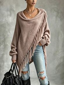 EMERY ROSE Women Fringe Trim Draped Collar Wrap Cardigan Asymmetrical Long Sleeve Sweater,Khaki Casual Autumn Date Elegant Fall Winter Clothes - Khaki - View 1