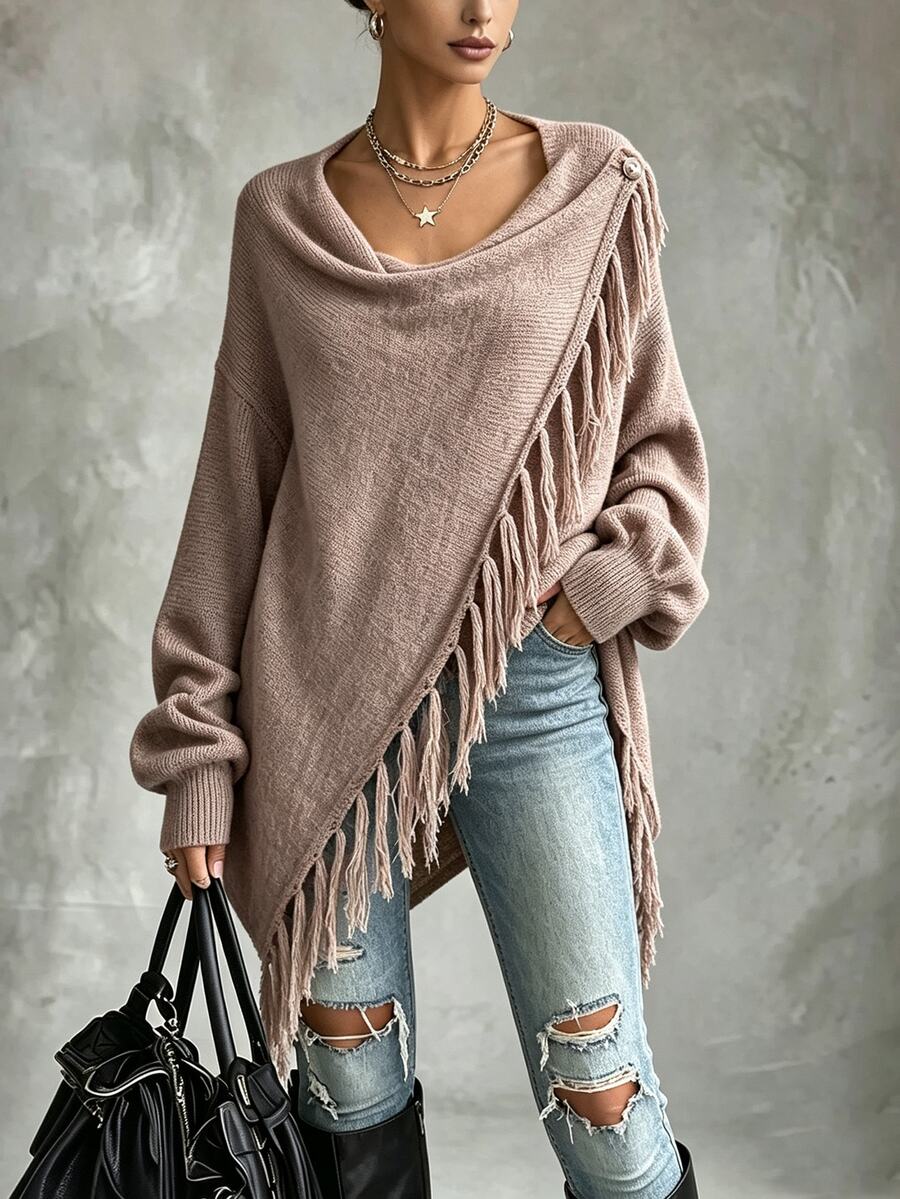 EMERY ROSE Women Fringe Trim Draped Collar Wrap Cardigan Asymmetrical Long Sleeve Sweater,Khaki Casual Autumn Date Elegant Fall Winter Clothes - Khaki - View 1